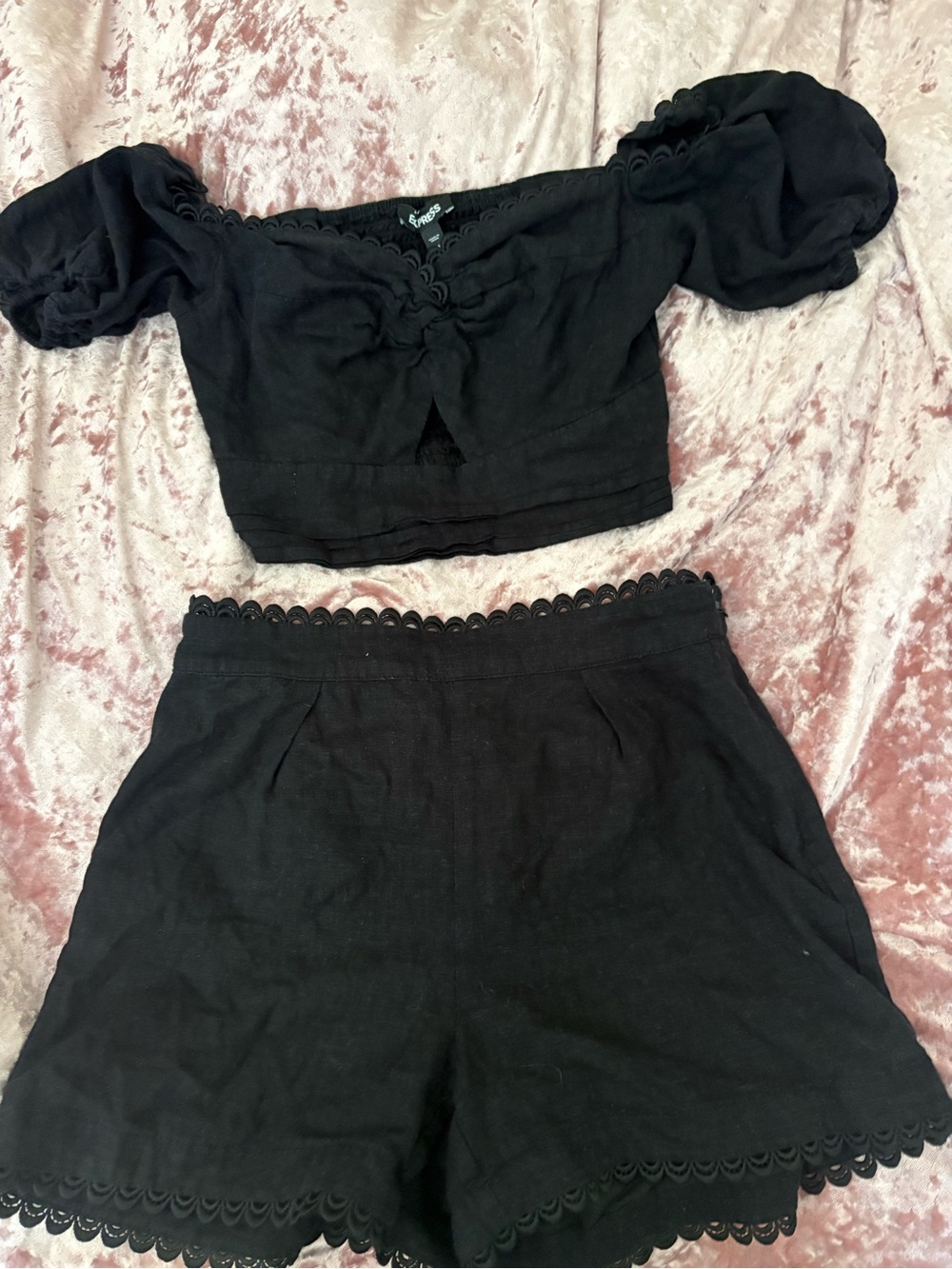 Express Black Linen-Blend Scalloped Hem Shorts